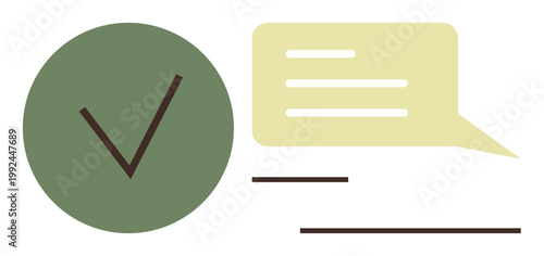 Verification, approval, messaging, communication, task completion, feedback. Green checkmark alongside a yellow speech bubble. Verification and approval highlighted with visual clarity