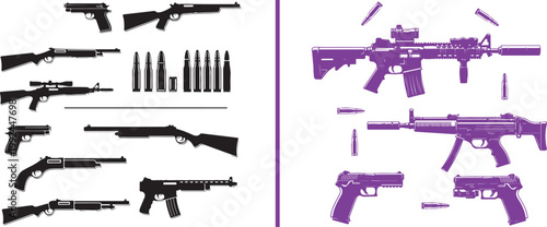 Collection of firearm silhouettes and detailed weapon illustrations isolated on white background