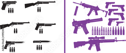 Vector set of firearm silhouettes including assault rifles handguns knives and ammunition isolated on white background