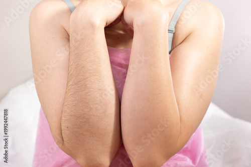 Paired forearms comparison before vs after wax depilation showing one smooth one hairy. Closeup contrast of textures. Concept of body hair and natural beauty