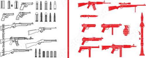 Large collection of firearm icons including rifles pistols bullets and grenades vector illustration isolated on white background