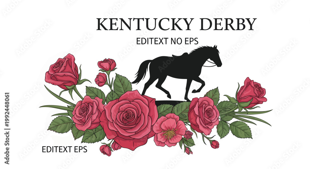 Fototapeta premium Kentucky Derby horse racing vector illustration, black thoroughbred stallion silhouette with red roses, elegant equestrian floral emblem for sports events