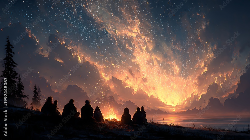 Obraz premium Group laughing around warm campfire under starry sky pictures