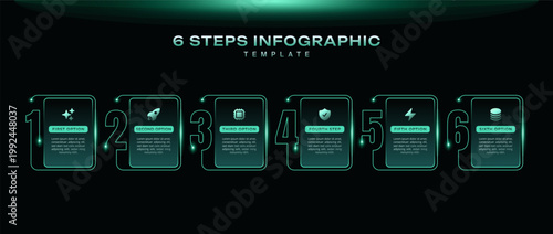 Timeline black infographic template with 6 step journey and numbered layout. Modern business presentation graph with icons, clean vector design for workflow, data visualization, process illustration.