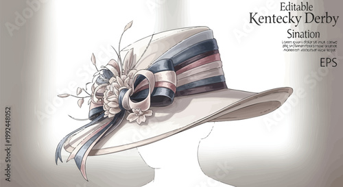 Elegant Kentucky Derby hat with floral ribbon, sophisticated wide brim fascinator for horse racing events, luxury millinery vector illustration