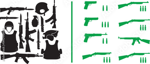 Vector silhouettes of military weapons tactical gear rifles pistols grenades and body armor isolated on white background