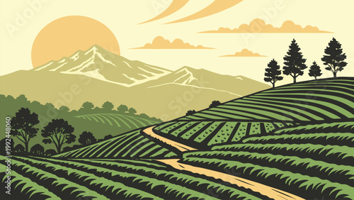 Bright sunrise over farmland with layered hills and trees. Minimalist vector style ideal for agriculture, eco design, and scenic backgrounds.