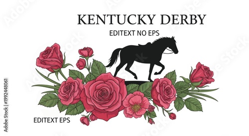 Kentucky Derby horse racing vector illustration, black thoroughbred stallion silhouette with red roses, elegant equestrian floral emblem for sports events