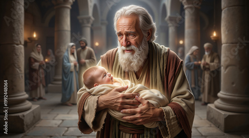 Simeon holding the infant Jesus in the temple. Biblical scene of the presentation of Christ. Elderly man with white beard cradling a glowing baby. Christian faith and prophecy concept