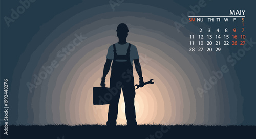 Silhouette of a professional worker with toolbox and wrench, against a radiant sky, featuring a May calendar, embodying skilled labor, essential service, and monthly commitment