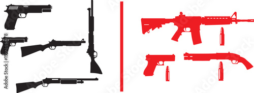 Firearm silhouettes collection including pistols rifles and shotguns vector illustration isolated on white background