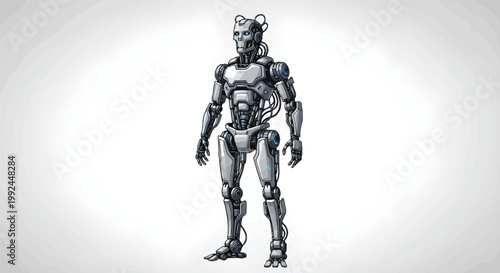 Conceptual illustration of a futuristic humanoid robot, featuring intricate bionic engineering and advanced artificial intelligence, symbolizing technological progress