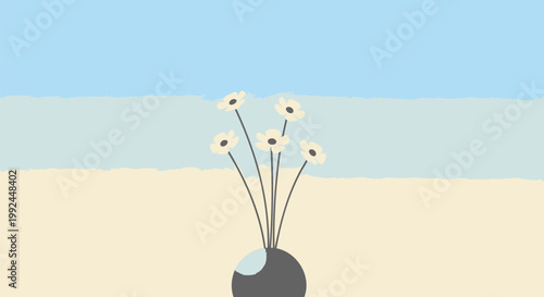 A minimalist illustration of a delicate vase holding a few white daisies against a soft pastel background, evoking a sense of tranquility and simplicity