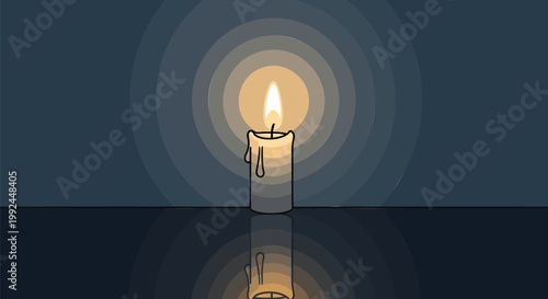 A solitary lit candle casts a warm glow, its reflection shimmering on a dark, still surface under a deep blue, concentric-ringed background, evoking a sense of calm and reflection