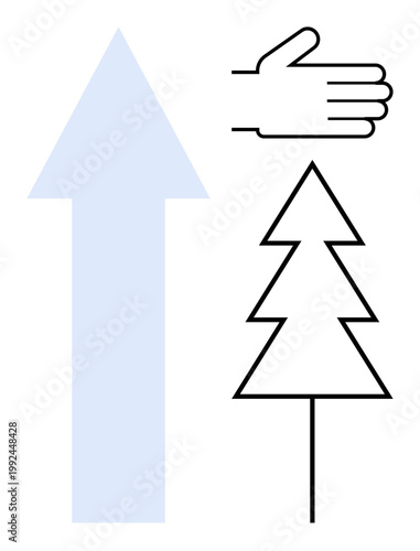 Growth direction, environmental awareness, guidance, minimalism, nature connection, conceptual design. Simple elements of an upward arrow, hand gesture and tree outline. Growth direction