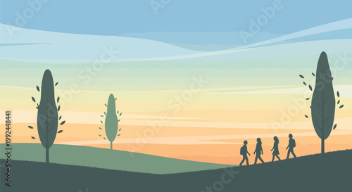 A group of hikers on a scenic trail at sunrise, with rolling hills and trees in the background