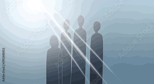 Abstract human figures bathed in ethereal light, symbolizing collective hope, spiritual guidance, and the path to enlightenment amidst a mysterious, misty landscape