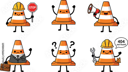 Cute traffic cone mascot character set with different professions and emotions, construction worker, business, warning sign and communication poses, cartoon vector illustration collection