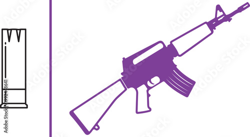 Minimalist purple assault rifle silhouette and ammunition magazine vector illustration isolated on white background