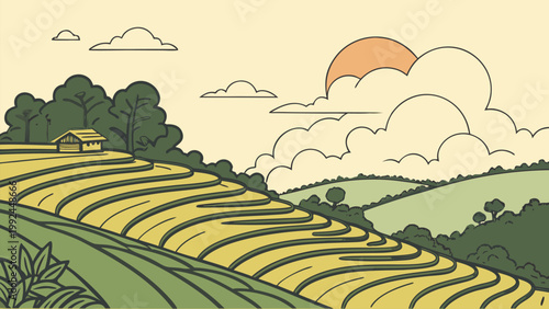 Rolling farmland hills with soft clouds and warm tones. Minimalist vector perfect for agriculture, countryside visuals, and sustainable land concepts.