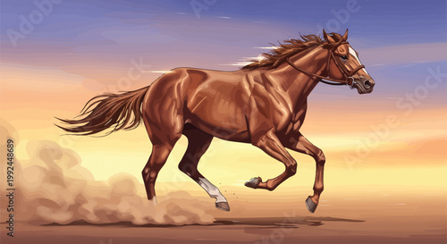 Majestic Chestnut Horse Galloping Through a Dusty, Sunlit Landscape, Capturing the Spirit of Freedom and Movement