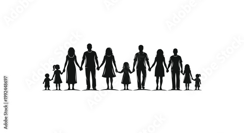 Silhouette of a large family, including parents and children, holding hands in a line
