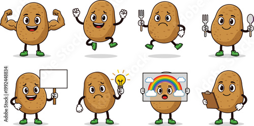 Cute potato mascot character set with different poses, emotions and activities, holding tools, sign, idea bulb and rainbow, funny cartoon food vector illustration collection
