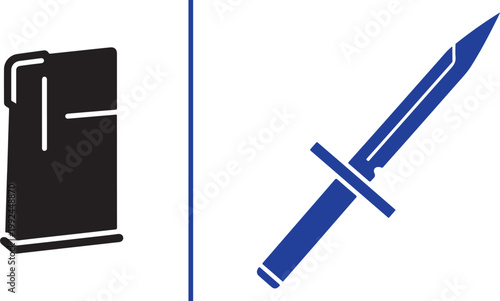 Tactical military equipment icons featuring a gun magazine and combat knife isolated on white background