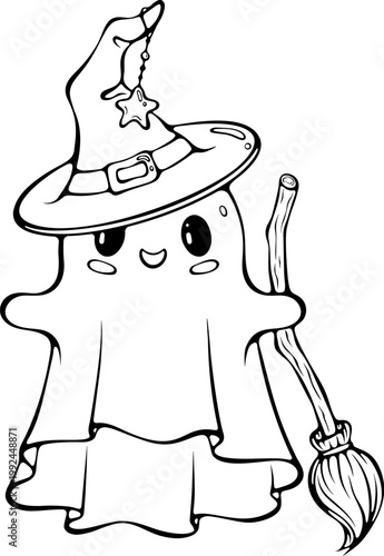 Cute kawaii ghost wearing witch hat holding broom. Halloween character. For coloring book, sticker, kids product, print. Vector illustration in hand drawn sketch style. Line art isolated on white