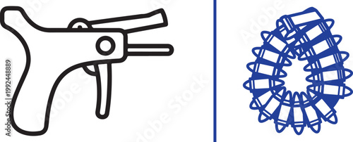 Industrial cable tie tensioning tool and coiled military ammunition belt vector icons isolated on white background