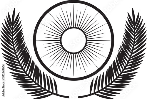 Minimalist Sunburst with Palm Fronds Emblem