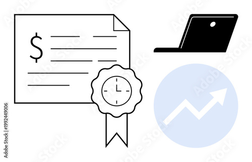 Finance, certification, business growth, digital tools, online learning, time management. Certificate with dollar sign, upward arrow clock and laptop. Finance and certification