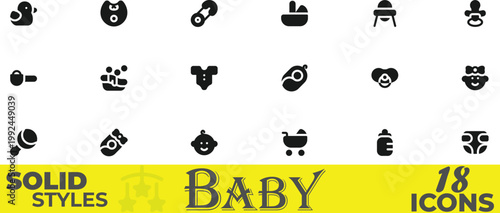 Vector Set of 18 Baby Care Newborn Essentials and Child Nursery Solid Icons
