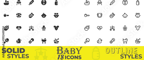 Vector Baby Care Newborn Essentials and Child Nursery Solid and Outline Icons Set