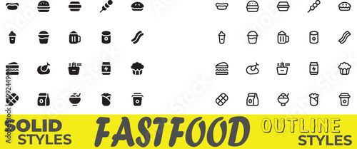 Vector Set of 40 Fast Food Snacks and Drinks in Solid and Outline Design Styles