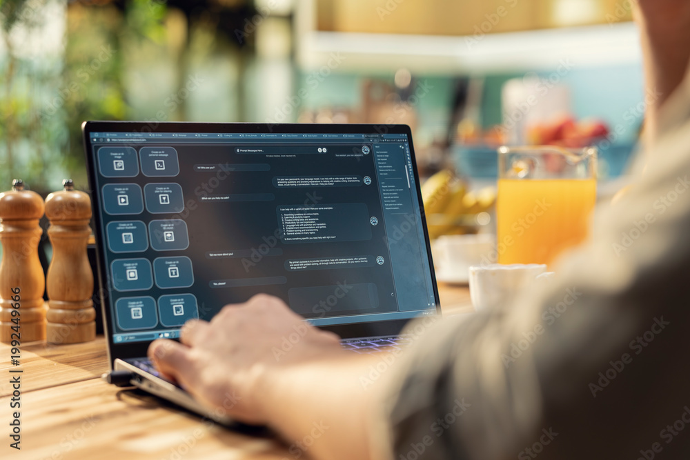 © DC Studio - Man engaging with AI-powered chatbot, everyday life use of artificial intelligence, generative software, autonomous and real-time tools, support problem solving and productivity at home.