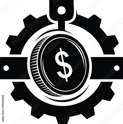 Black silhouette of dollar coin inside gear, financial mechanism vector illustration.