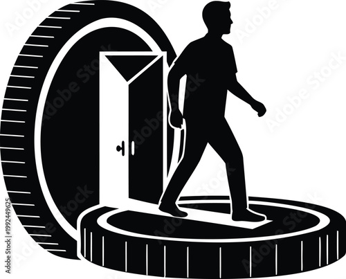 Financial freedom illustration showing person walking through doorway on large money coins.