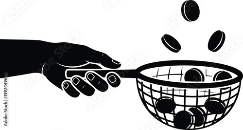 Hand holding net catching falling gold coins representing wealth collection and investment.