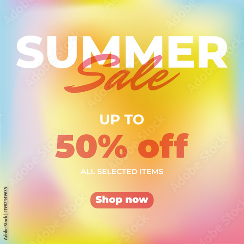 Summer Sale Banner With on Soft Gadient Background and 50 Percent Discount Promotion. Vector illustration.