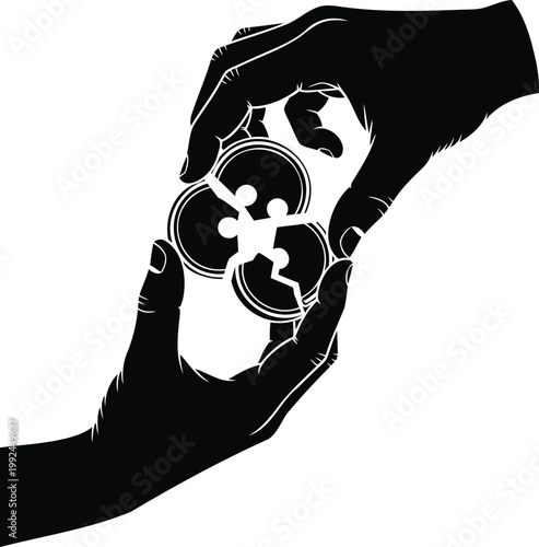 Hands holding broken coin illustration vector representing financial breakdown or loss.