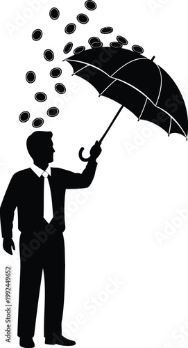 Man in suit holding umbrella protecting from falling coins, financial protection concept.