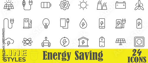 Vector Set of 24 Energy Saving Renewable Green Power and Electricity Line Icons