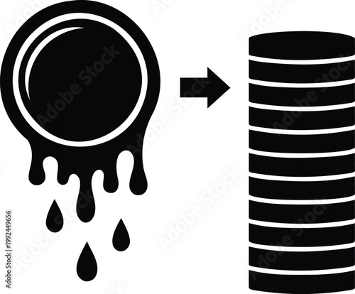 Melting gold coin liquid turning into stack of currency representing cash flow illustration.
