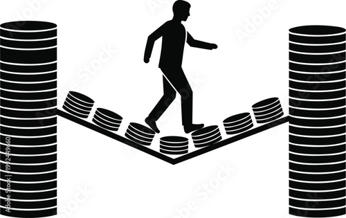 Man walking on coins across chasm between coin stacks, finance concept illustration.
