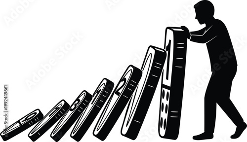 Man stopping dominoes vector illustration representing risk management and control.