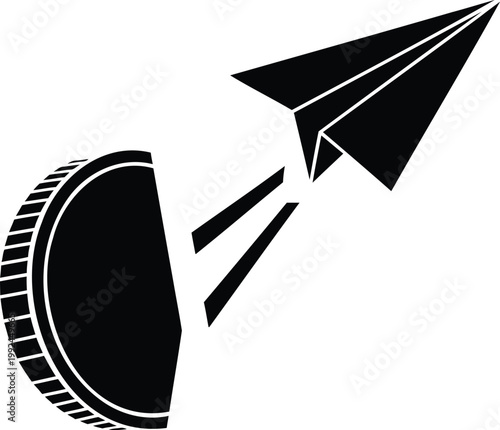 Paper airplane flying out of broken coin vector illustration for startup launch.