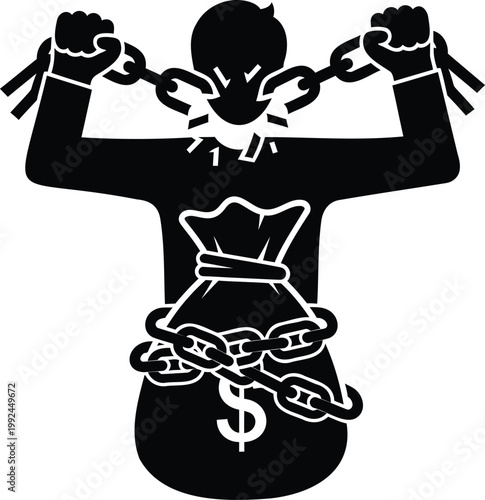 Person breaking chains wrapped around body and money bag, financial freedom concept.