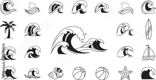 Ocean Wave and Beach Scene Icon Collection