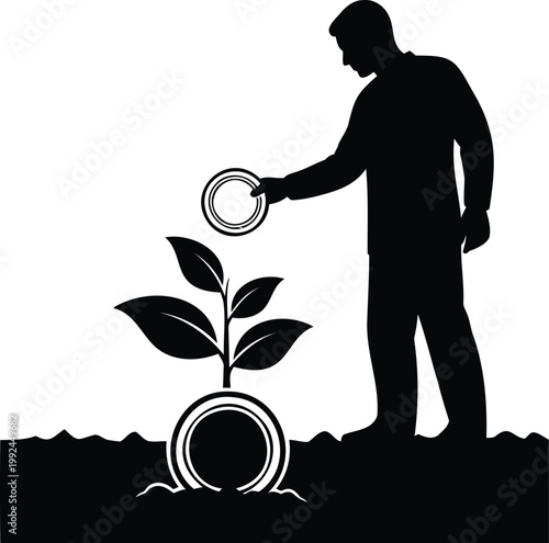 Nurturing wealth illustration with silhouette of gardener watering small plant from coin.